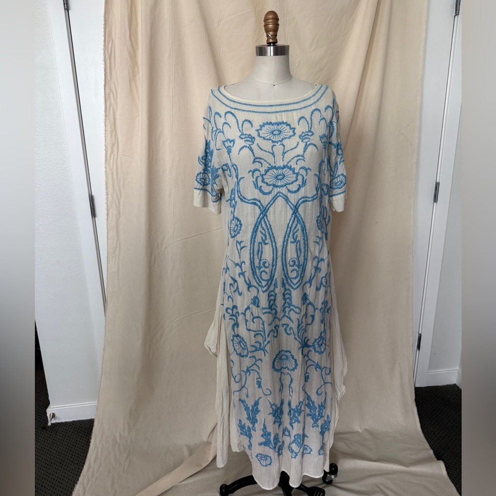 Free People Ivory and Sky Blue Embroidered dress